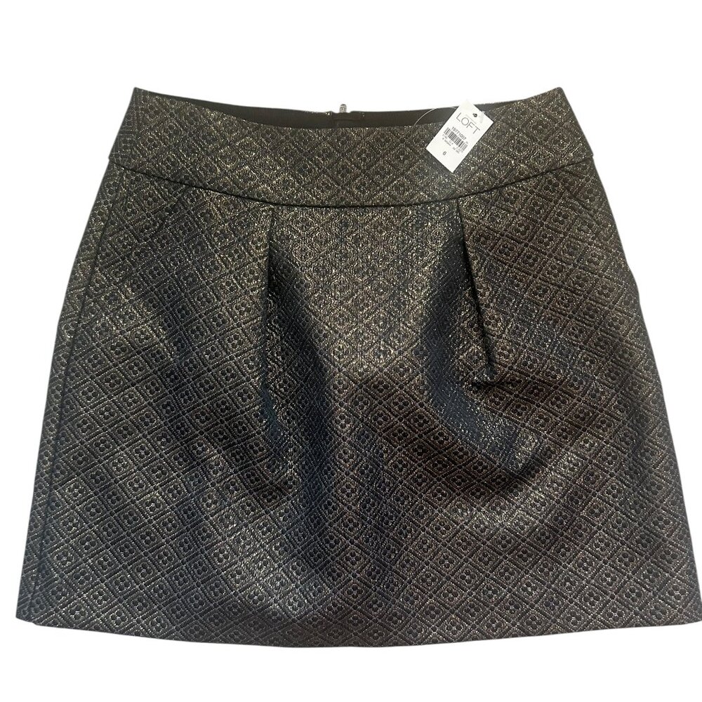 NWT LOFT Black A-Line Flared Mini Skirt | Gold Metallic Thread Accents Size 6